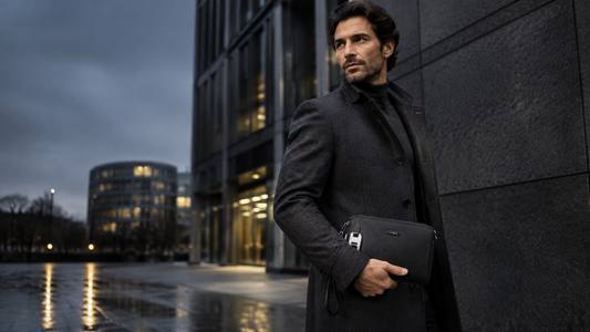 Homme portant une pochette biométrique UMA dans un environnement urbain