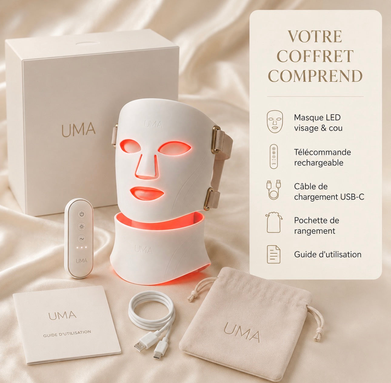 Contenu du coffret masque LED visage et cou UMA avec accessoires