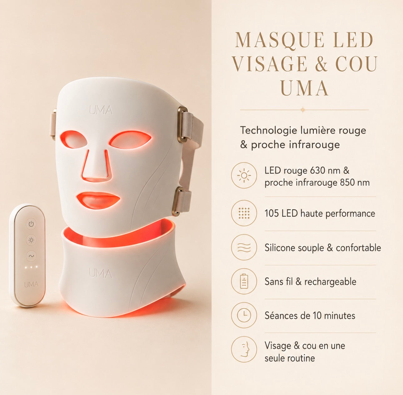 Technologie 105 LED rouge 630 nm et proche infrarouge 850 nm du masque UMA