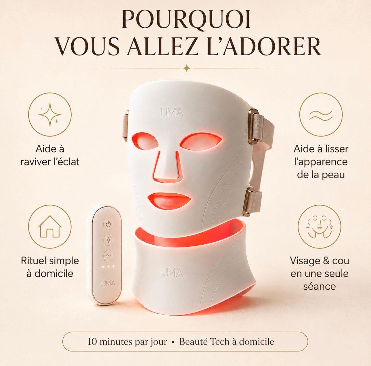 Bénéfices cosmétiques du masque LED visage et cou UMA