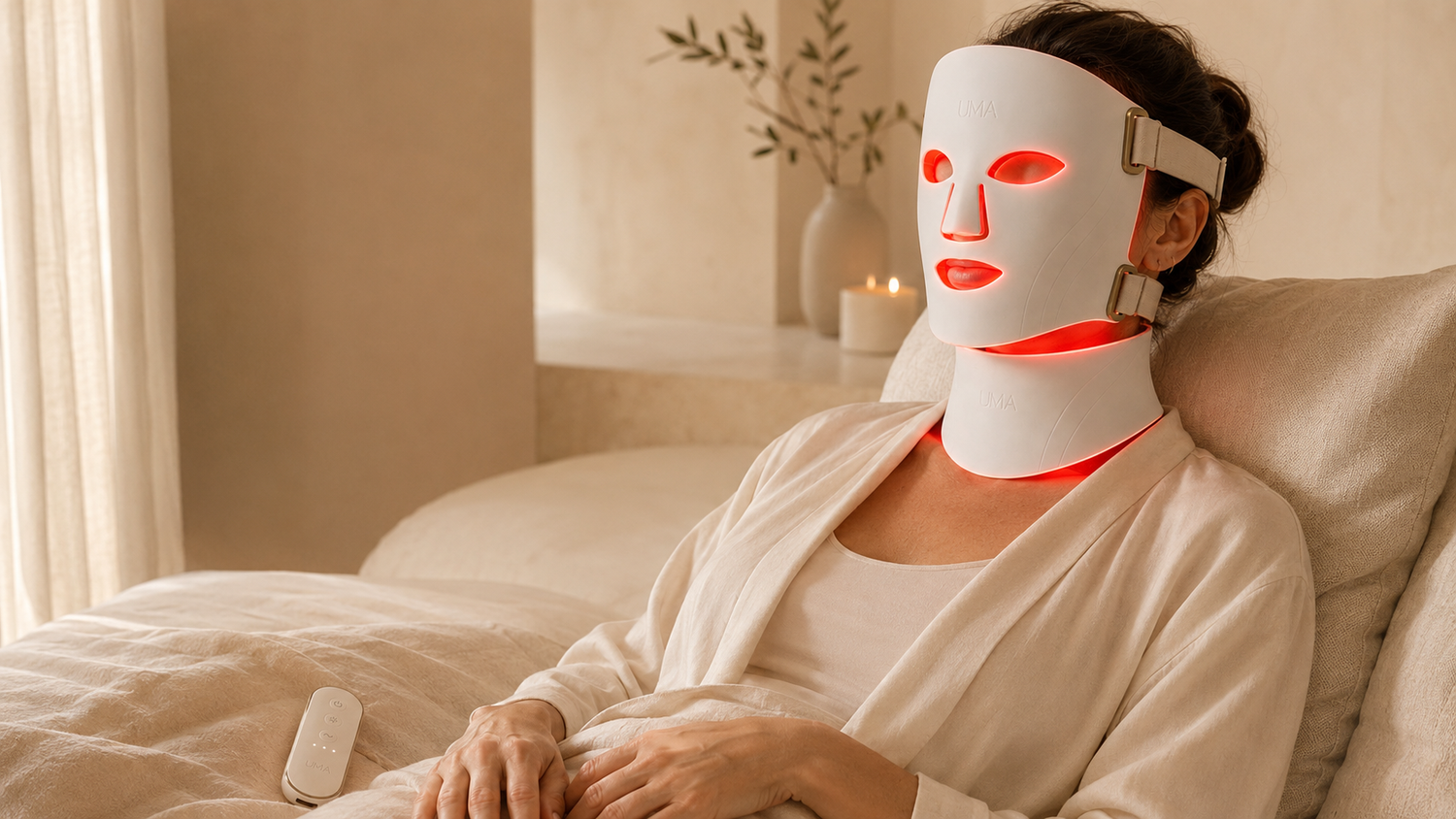 Femme utilisant le masque LED visage et cou UMA dans un intérieur ivoire