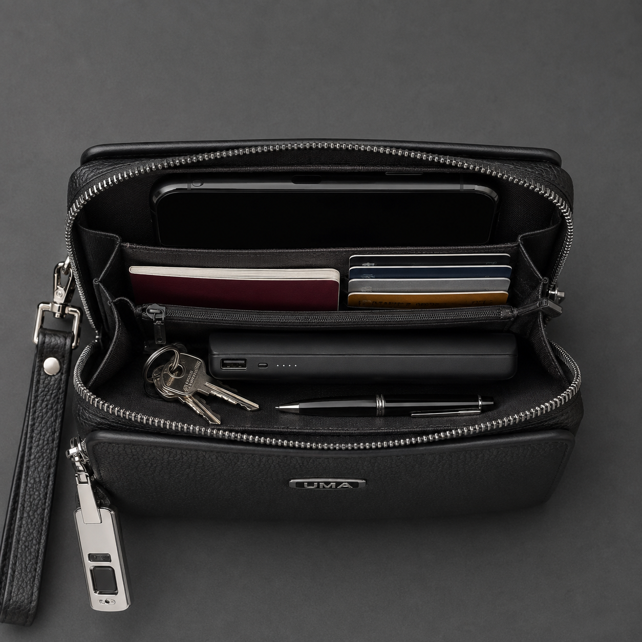 Intérieur organisé et grande capacité de la pochette UMA